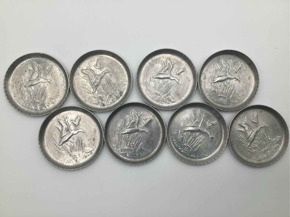 Vntg MCM Forged Aluminum Drink Coasters Set of 8 Flying Mallards Duck Marsh